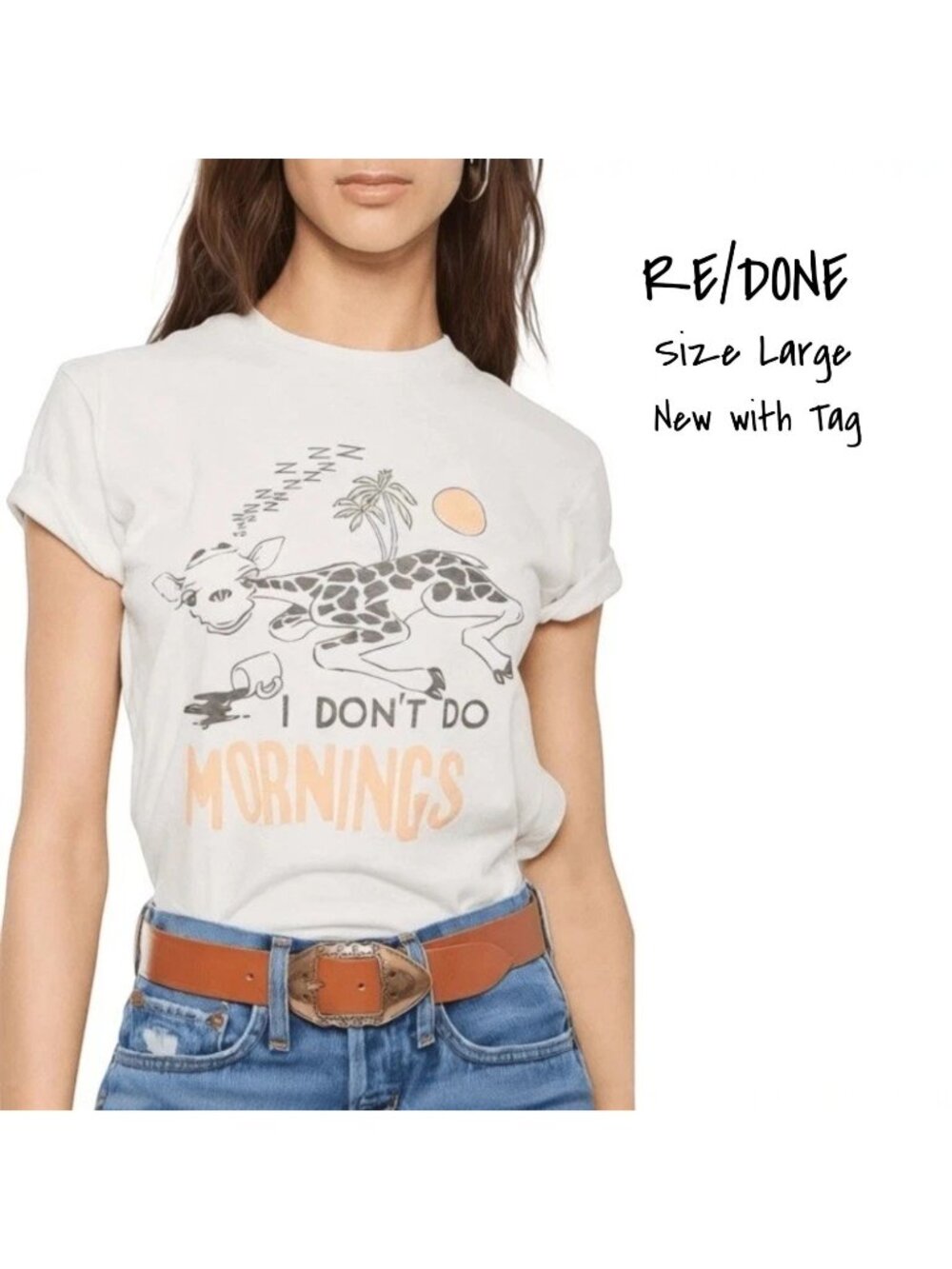 Re/Done Graphic Tee Shirt I Don't Do Mornings Vintage Ivory Large New with Tag